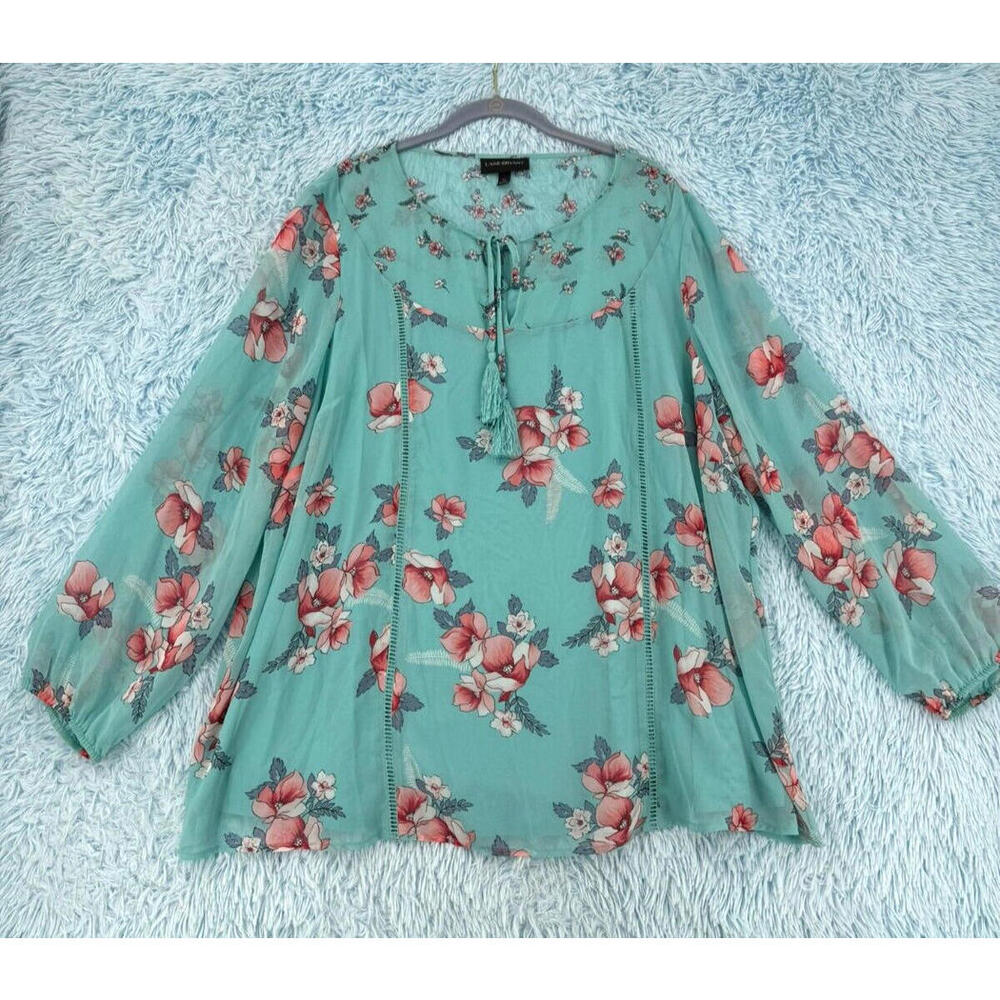 Lane Bryant Women's Size 22 Floral Balloon Sleeve Keyhole Tassel Neck Top - Chic - Picture 3 of 13
